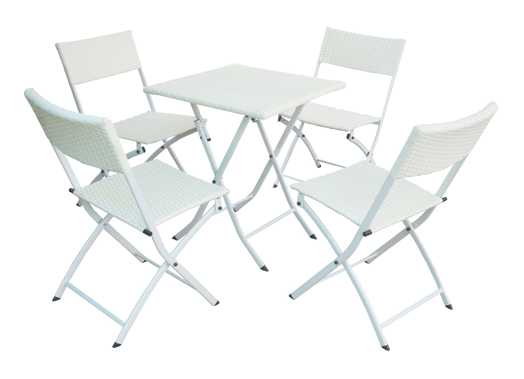 Set of garden wood table and folding chairs isolated on white background